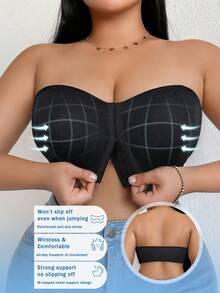 Crystal Vow 1pc Front Closure Strapless Bandeau Bra, Anti-Slip Anti-Slip-Off Anti-Exposure, Summer, With Free Regular Shoulder Strap - Black - View 7