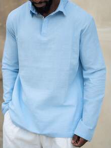 thenoahjr thenoahjr Men's Lightweight Loose Fit Linen Blend Long Sleeve Polo Shirt, Shallow Blue, Half-Zip Design, Breathable & Comfortable, Suitable For Beach & Outdoor Activities (Summer Fabric Is Thin & Slightly Sheer; European & American Sizes Run Larger!! Sleeves Are Longer, Recommend Ordering One Size Smaller!) - Baby Blue - View 3