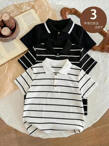SHEIN 兒童小男孩休閒 3 件套短袖 Polo 衫套裝 - 黑與白 - 查看 4