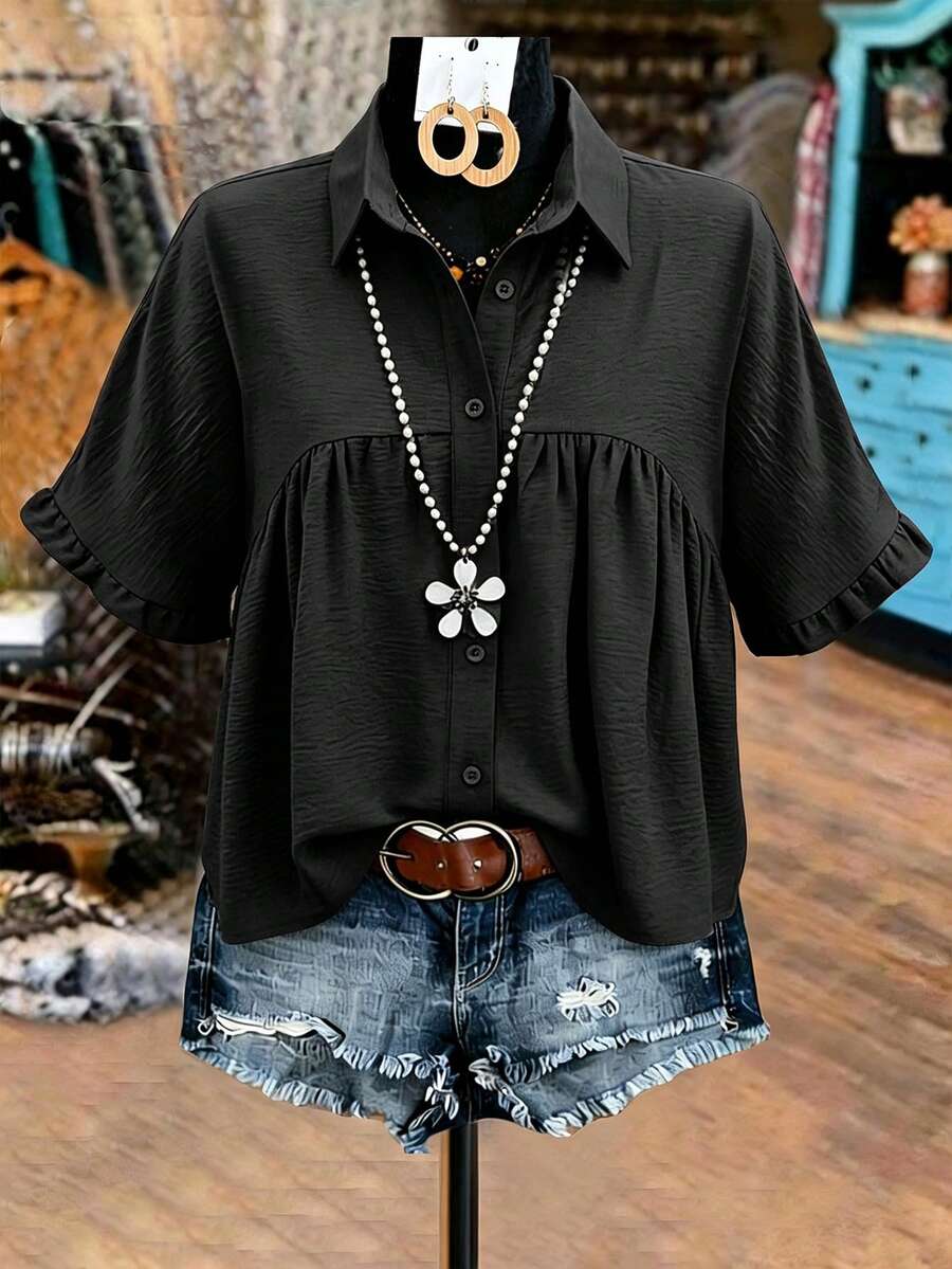 EMERY ROSE Plus Size Women's Ruffle Trim Babydoll Blouse Shirt,Summer Vation Shirt Casual Linen Shirt - Black - View 1