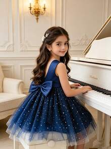 SHEIN Vestido formal sin mangas azul marino para niñas con satén premium, tul suave y lentejuelas brillantes, lazo desmontable en la espalda, adecuado para fiesta de cumpleaños, banquete del primer cumpleaños, boda, fiesta de noche, evento de alta gama para padres e hijos, foto familiar, reunión familiar, celebración de vacaciones, baile de graduación y otras ocasiones importantes, vestido de verano - Azul - Ver 1