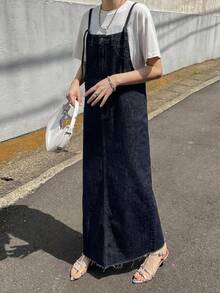 FRIFUL Gaun Terusan Denim Longgar Kasual dengan Desain Kancing untuk Wanita - Biru - View 6