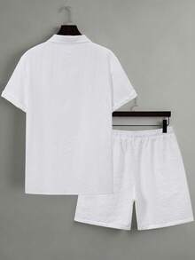 Manfinity Homme Men's Solid Color Versatile Single-Breasted Short Sleeve Shirt And Drawstring Waist Pocket Shorts Set - White - View 2