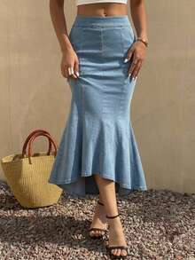 Wynsel Asymmetrical Hem Distressed Denim Bodycon Skirt For Women,Ruffle,Back To School Clothes Jeans Skirt - Medium Wash - View 15