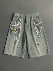 Manfinity ZONE917 High Street Distressed Faux Pearl Pendant Gemstone Washed Blue Bermuda Denim Shorts - Multicolor - View 3