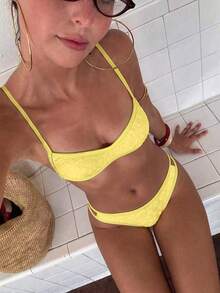 Swim Mod 女款夏季套裝，黃色細肩帶特殊面料性感海灘度假泳衣套裝 - 黃色 - 查看 1