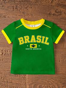 女嬰巴西主題運動休閒套裝，經典綠黃配色 BRASIL 印花，圓領短袖T恤搭配側條紋短褲，親膚透氣面料，適合男孩女孩夏季運動、日常上學、外出與拍照 - 彩色 - 查看 4