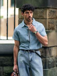 YOUESAWY YOUESAWY Men's Cotton Pocket Patched Denim Shirt Without Tee, Streetwear Essentials - Light Wash - View 3