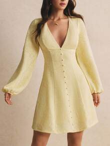 Poéselle Women's Jacquard  V-Neck Lantern Sleeve  Short Dress,Elegant Dresses,Casual Dresses, Work Outfits, Vacation Outfits,Autumn/Winter Outfit - Light Yellow - View 8