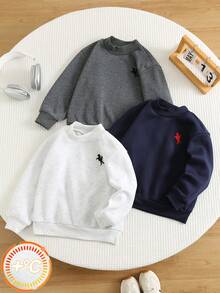 SHEIN 3pcs/Set Kids Young Boy Autumn Winter Cute Casual Versatile Knitted Long Sleeve Grey & Blue Sweatshirt All-Match Sweatshirt Multi-Pack - Multicolor - View 6