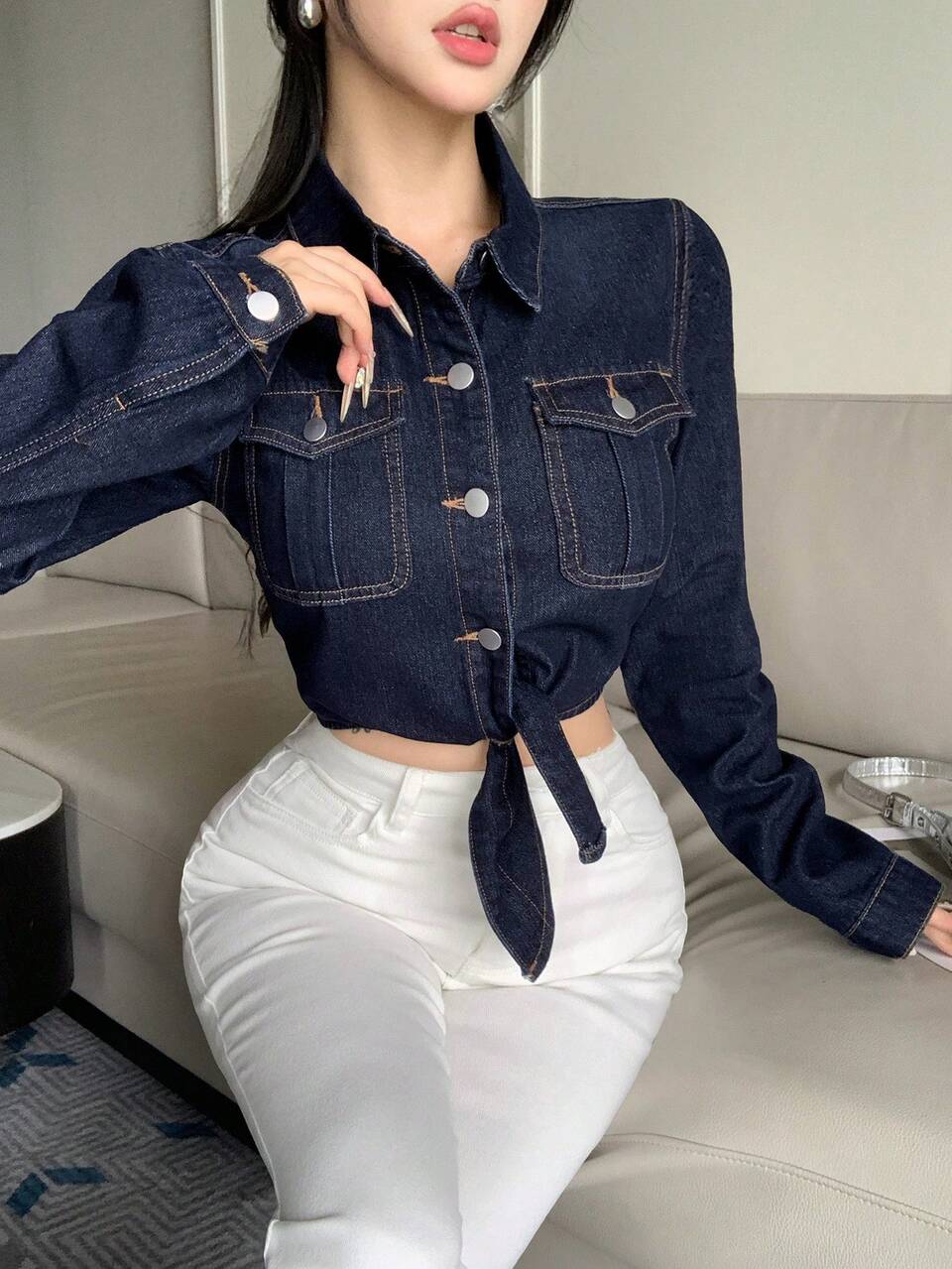 Women's Autumn Deep Blue Pocket Hem Tie-Up Slim Fit Cropped Commuter Denim Jacket Summer