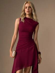 CielaLinda Women's Burgundy Ruched Sleeveless Mini Dress, Asymmetric Hem Elegant Mature Maturity Wedding Dinner Cocktail Summer - Burgundy - View 7
