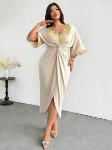 Firerie Plus Size Fashion Sequin Tassel Decor Twisted Knot Dress Elegant Wedding Guest Dress For Women Elegant Going Out Dress For Women Elegant Party Dress - Apricot - View 9