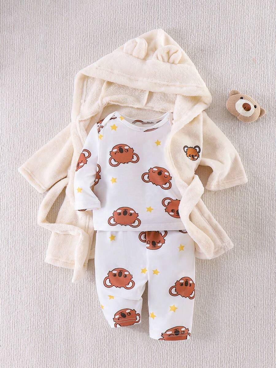 SHEIN 新生兒考拉 3 件套穿著組合,3D 熊耳法蘭絨連帽長袍、星星長袖上衣與配套長褲,嬰兒套裝 白色、棕色與黃色 秋季款 - 杏色 - 查看 1