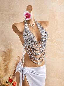 Femesol Women's Rhinestone Decorated Chain Fashion Creative Halter Top - White - View 11