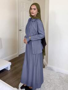 Solavon Women's Solid Color Dress And Single-Breasted Long Sleeve Cardigan Casual Daily 2 Pieces Set - Blue - View 4