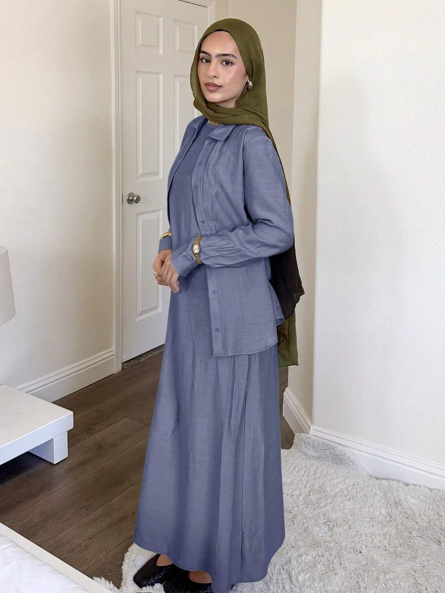 Solavon Women's Solid Color Dress And Single-Breasted Long Sleeve Cardigan Casual Daily 2 Pieces Set