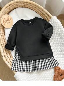 SHEIN 女嬰秋冬可愛拼色長袖洋裝 - 黑色 - 查看 3