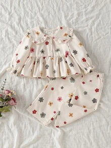 SHEIN Vintaside Kids 女嬰休閒學院風翻領長袖上衣與長褲套裝，適合日常穿著，秋季款 - 杏色 - 查看 8