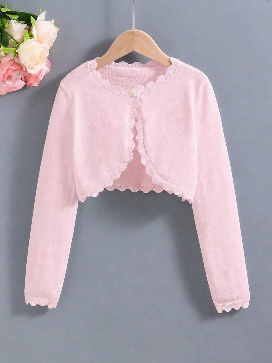 SHEIN Elladie kids 女童荷葉邊飾針織開襟披肩外套,簡約時尚百搭秋季開衫 - 粉色 - 查看 1