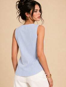 Selenza Summer V-Neck Loose Floral Trim Striped Women's Camisole - Blue and White - View 4