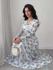 Modelyn Petite Vestido de Verão Elegante para Mulher Petite, Azul com Estampa Floral, Cintura Marcada, Botões, Decote em V, Mangas com Punhos Alargados, para Férias e Chá da Tarde - Multicolorido - Ver 5