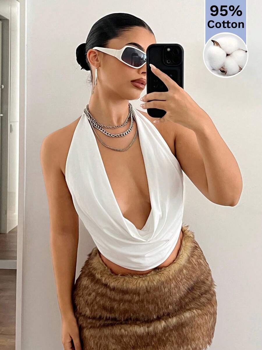SHEIN ICON 領口綁帶純色露背深V垂領無袖性感背心上衣,跨年出遊穿搭上衣 - 白色 - 查看 1