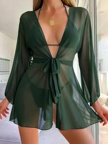 Swim Chiccia 女士纯色系结前开襟和服罩衫 - 墨綠色 - 查看 1