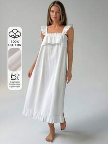 Livesso Women's Solid Color Patchwork Ruffle Flutter Sleeve Nightgown - White - View 6