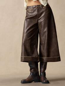 Bohemela Casual Solid Color PU Leather Washed 3/4 Length Pants - Brown - View 5