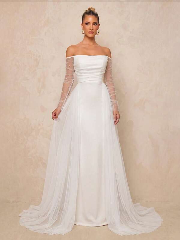 Lumalex White Summer Elegant Silky Party Wedding Dress,Luxurious Bubble Bead Design Long Sleeve Jacket,Detachable Mesh Ruffled Mermaid Maxi Draped Train