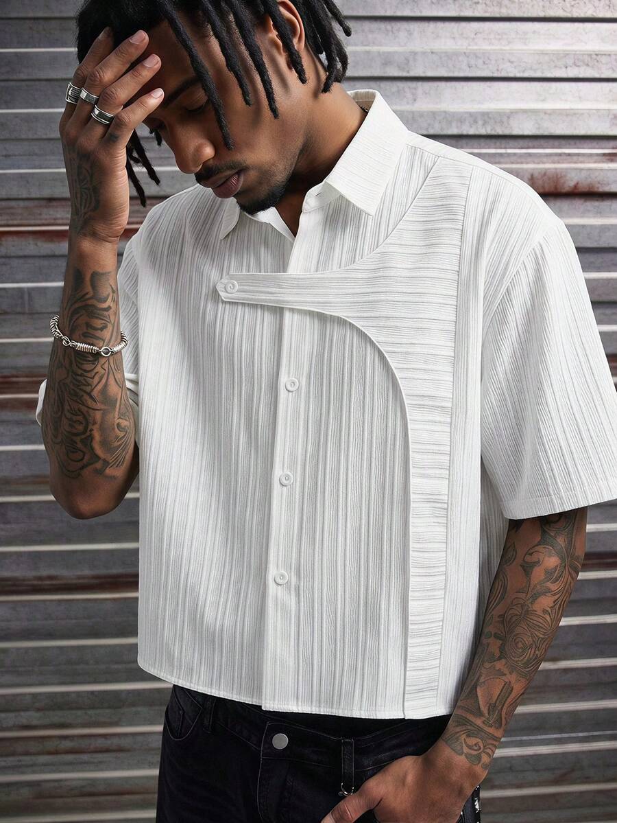 AXEPEAK Men's Solid Color Short Sleeve Single-Breasted Casual Shirt - White - View 1