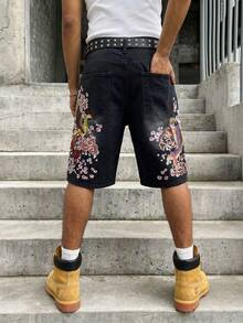 Manfinity EMRG 男士休閒街頭風刺繡黑色牛仔短褲 - 黑色 - 查看 5