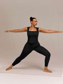GLOWMODE FeatherFit™ Plus Size Let Your Glow Show Square Neck Waist Length Tank With Removable Cups Low Impact Yoga Pilates Studio Daily Active - Black - View 8