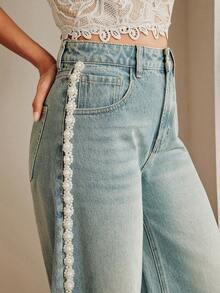 Anewsta Faux Pearl Washed Blue Vintage Crescent Moon Loose Relaxed Versatile Women's Jeans - Blue - View 3