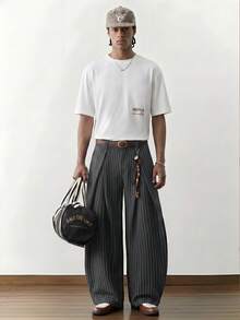 SWAVVY Men's Fashion Commuter Striped Curved Leg Pants - Grey - View 2