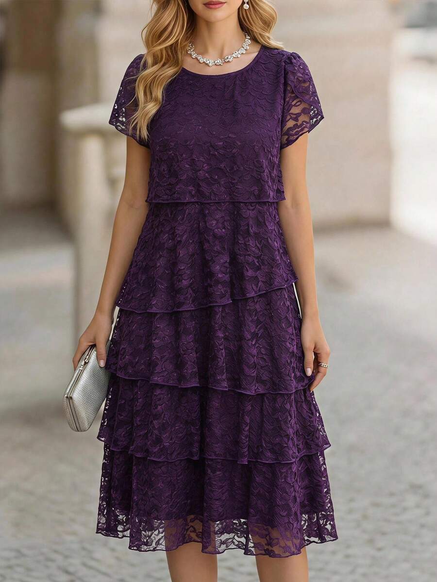 Medorina 女款純色圓領花瓣短袖層次荷葉邊下擺時尚洋裝 春夏度假穿搭
