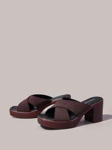 Styleloop Cross-Strap Slip-On Thick-Heeled Sandals, Square Toe Mules Tows, Summer Commuting Versatile Wear Open-Toed High Heels - Coffee Brown - View 3
