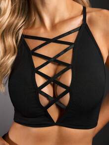 EmpressEnvy Women's Solid Color Crossed & Hollow Out Halter Bralette - Black - View 2