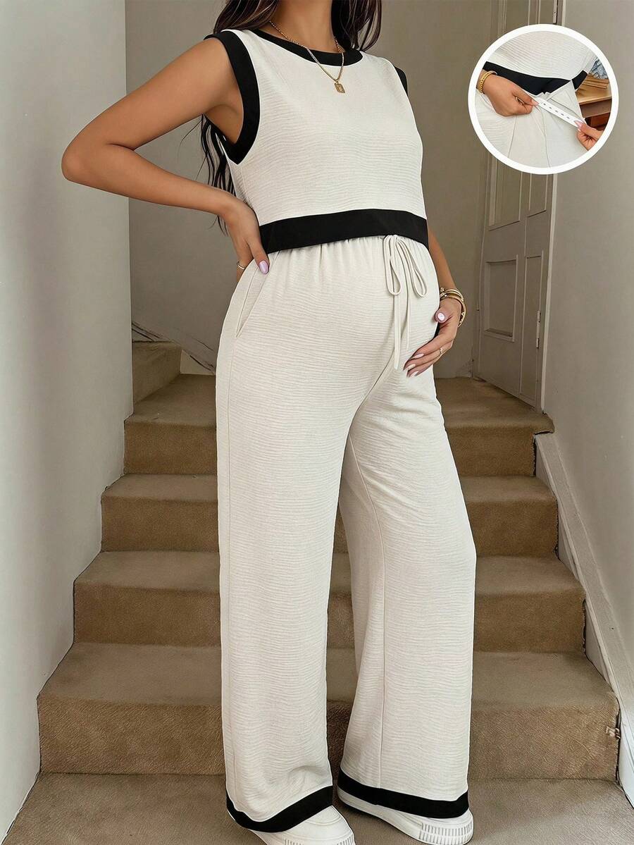 SHEIN 孕婦對比飾邊圓領無袖簡約設計兩件組套裝 - 杏色 - 查看 1
