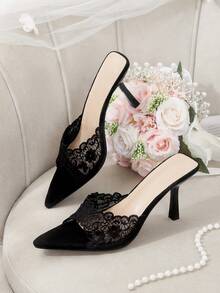 CUCCOO HITCHD 女款刺繡蕾絲尖頭細高跟涼鞋 夏季鞋 - 黑色 - 查看 2