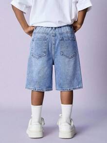 SHEIN Little Byeori 兒童青少年男孩寬鬆休閒牛仔短褲，附口袋與磨損細節 - 中等水洗藍 - 查看 2
