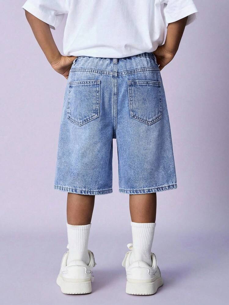 SHEIN Little Byeori Kids Tween Boy Loose Casual Denim Shorts With Pockets And Distressed Details - Medium Wash - View 2