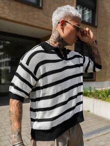 Artur Kramer Unisex Loose Striped Casual Minimalist Business Commute Polo Collar Short Sleeve Knit Pullover Top, Spring/Summer/Autumn - Apricot - View 5