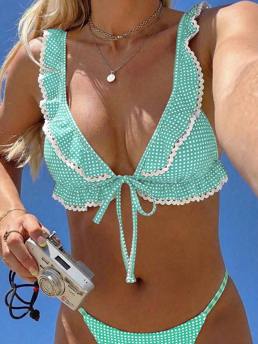 Swim Mod 女款夏季海灘甜美可愛格紋印花荷葉邊下擺白色蕾絲飾邊休閒度假泳裝上衣 - 薄荷綠 - 查看 1