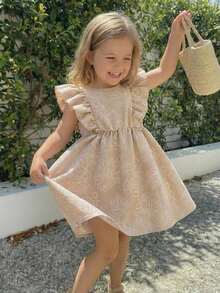 SHEIN Genkimix Kids Young Girl Khaki White Floral Texture Flutter Sleeve A-Line Dress, Vacation Party Outgoing Graduation Fall - Khaki - View 1