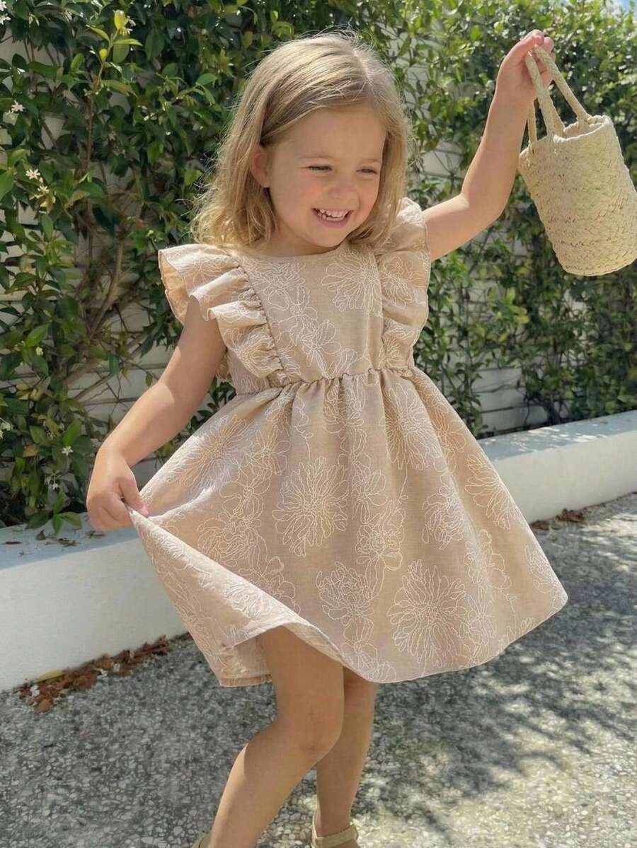 SHEIN Genkimix Kids Young Girl Khaki White Floral Texture Flutter Sleeve A-Line Dress, Vacation Party Outgoing Graduation Fall - Khaki - View 1