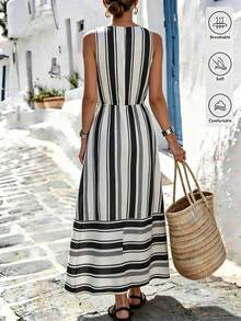 SHEIN Holidaya Women's Casual Coastal Vacation Striped Dress, Summer Versatile, Hem Slit, Textured Fabric Print, Daily, Christmas New Year Outfit, Beach Outfit - Multicolor - View 2