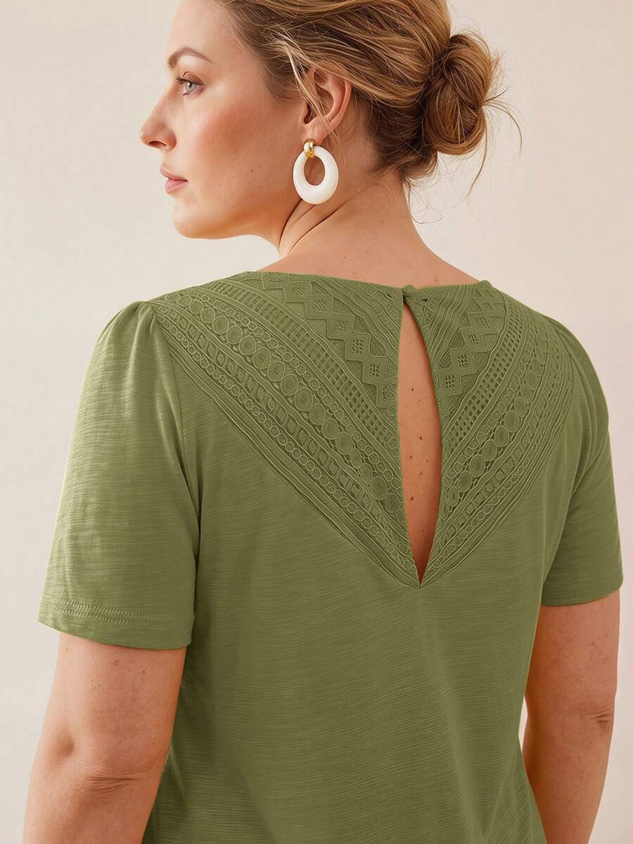 MOTF PREMIUM PLUS SIZE WOMEN'S 100% PURE COTTON CUTOUT BACK TEXTURED LACE SHORT SLEEVE TEE - Green - View 2