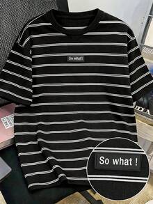 Manfinity Joysei 男士標準尺寸 87%棉黑色條紋T恤，「So What」字母貼布設計，適合夏季外出、上學與度假 - 黑色 - 查看 5